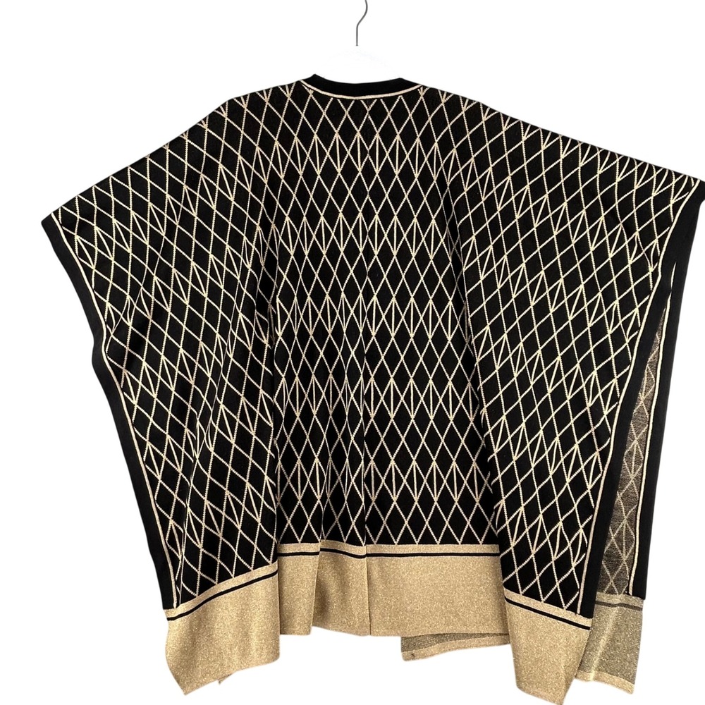 MING WANG Black Gold Diamond Pattern Open Front Kimono Cardigan Cape‎ One Size - Picture 8 of 10